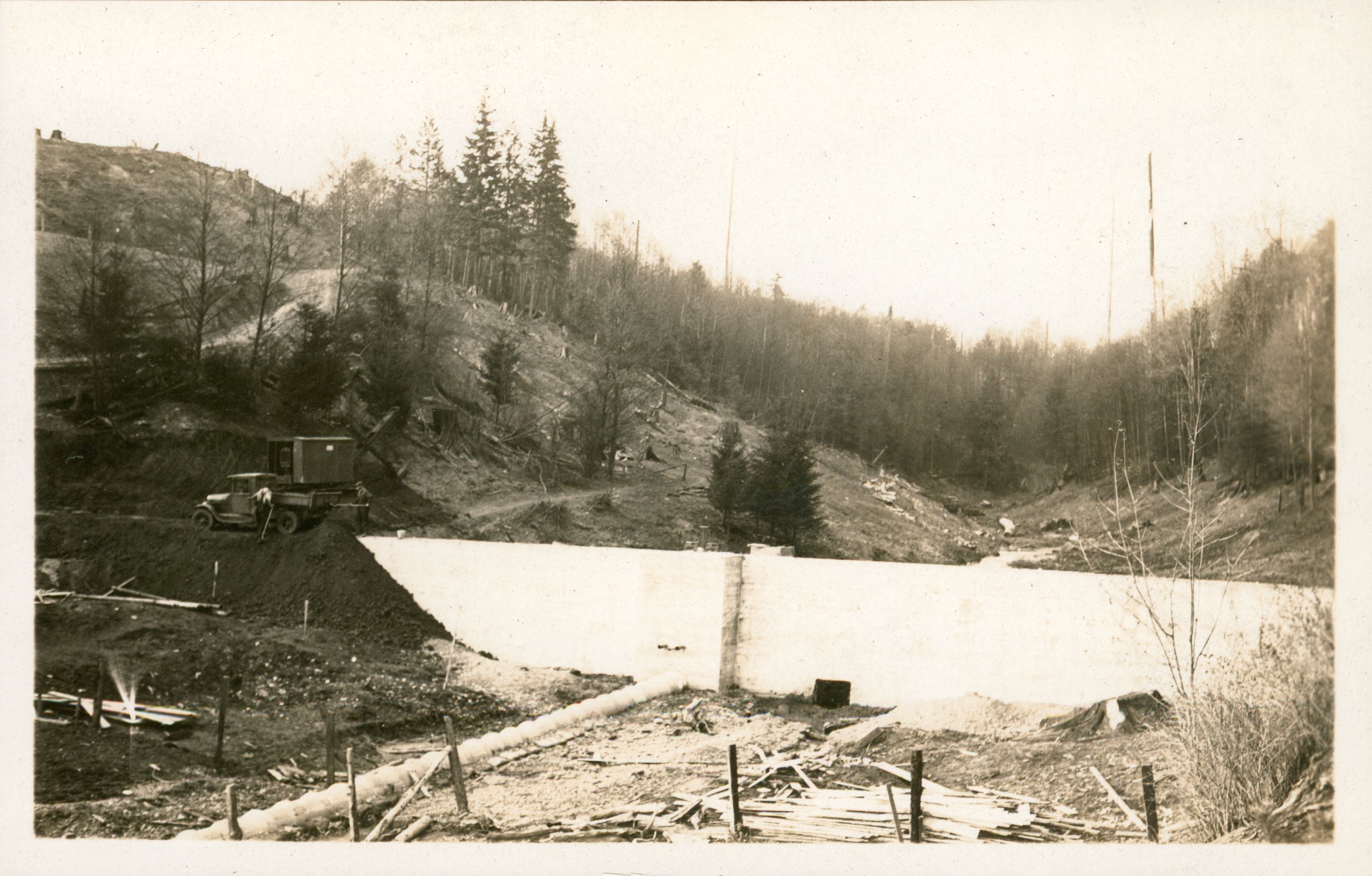 Historic view looking east at the dam site